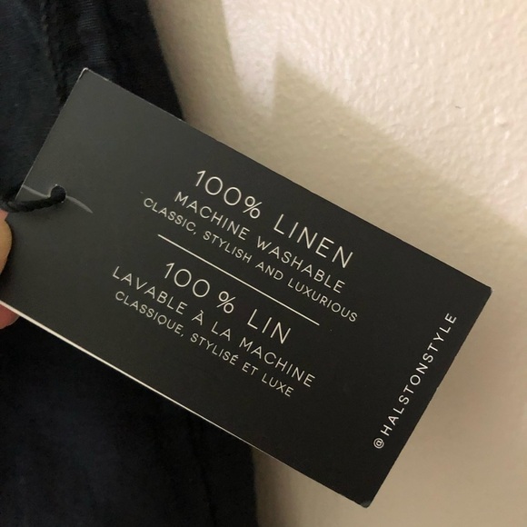 HALSTON Classic 100% Linen Washable Black Pants Belt Gold Buckle & Elastic Waist - Picture 3 of 12